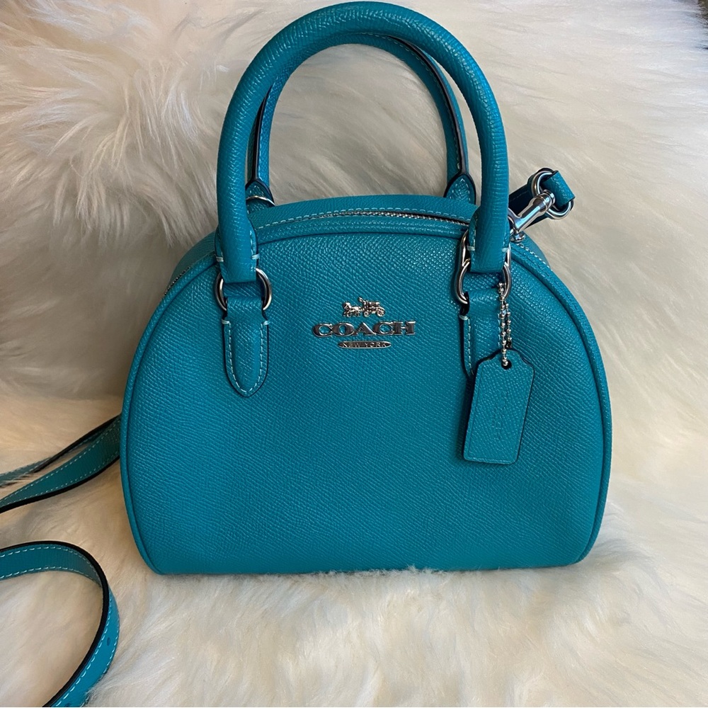 COACH CA202 Sydney Satchel Crossbody Bag Crossgrain Leather Silver Teal Blue